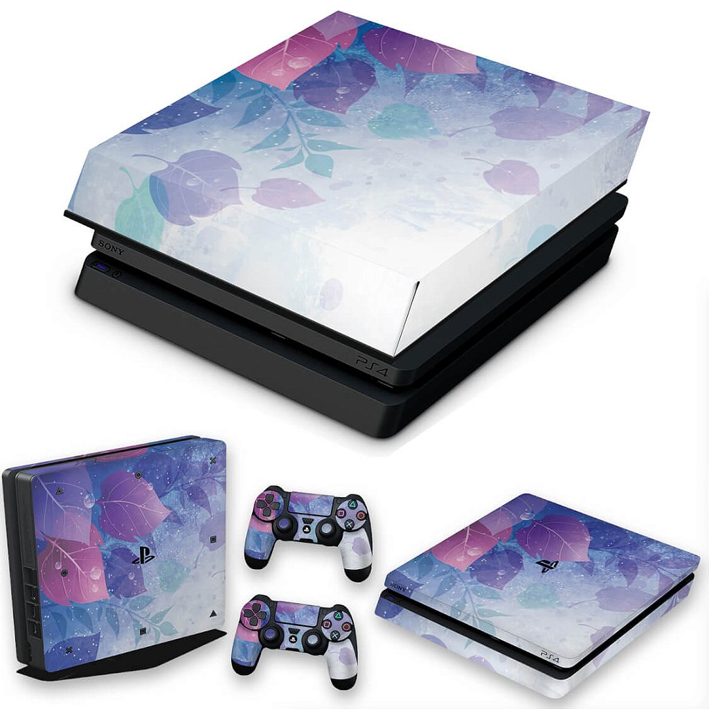 KIT Capa Anti Poeira e Skin Anti-Rage PS4 Slim - Folhas Lilás
