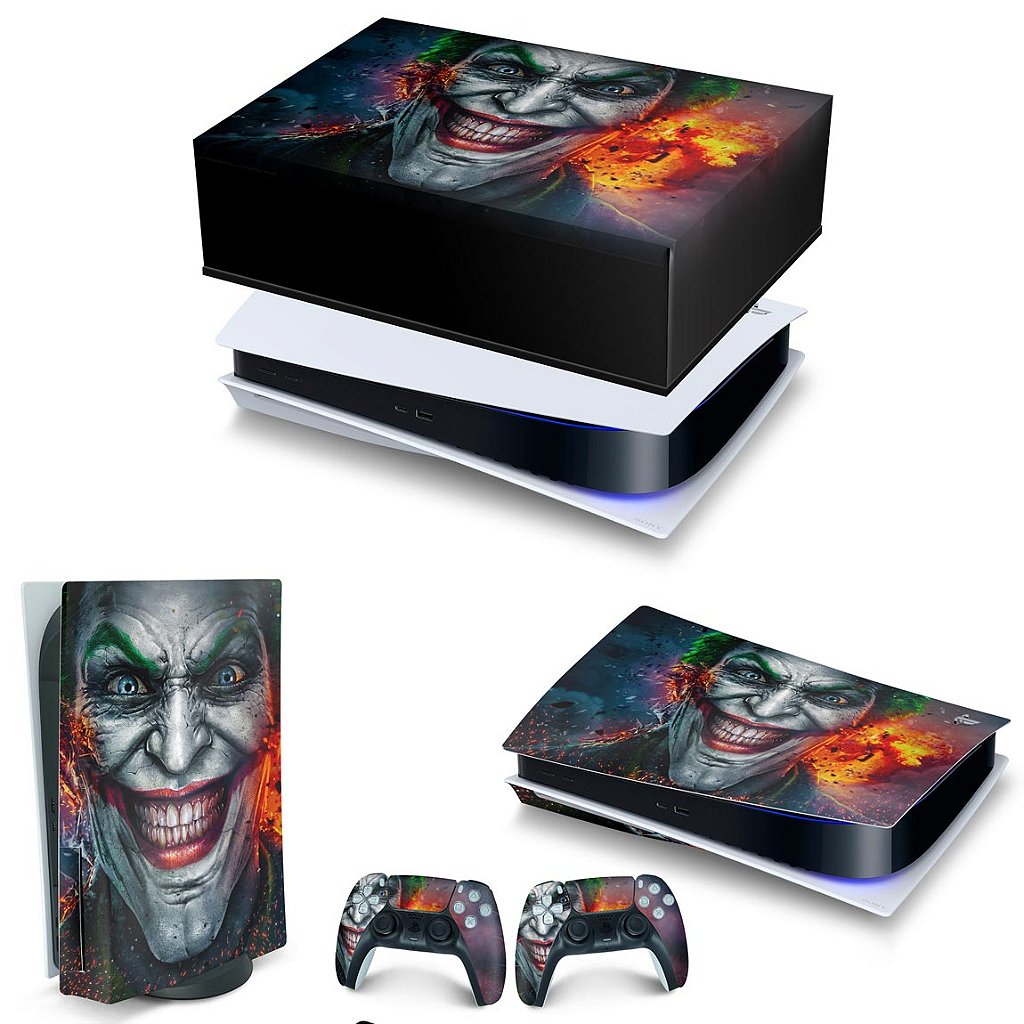 KIT Capa Anti Poeira e Skin Anti-Rage PS5 Fat Horizontal - Coringa Joker - Pop Arte Skins