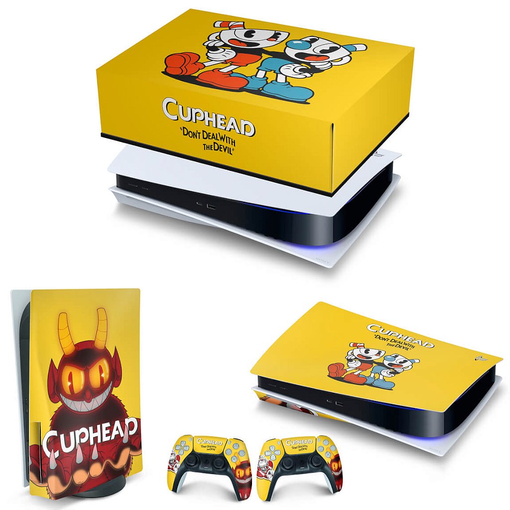 KIT Capa Anti Poeira e Skin Anti-Rage PS5 Fat Horizontal - Cuphead - Pop Arte Skins