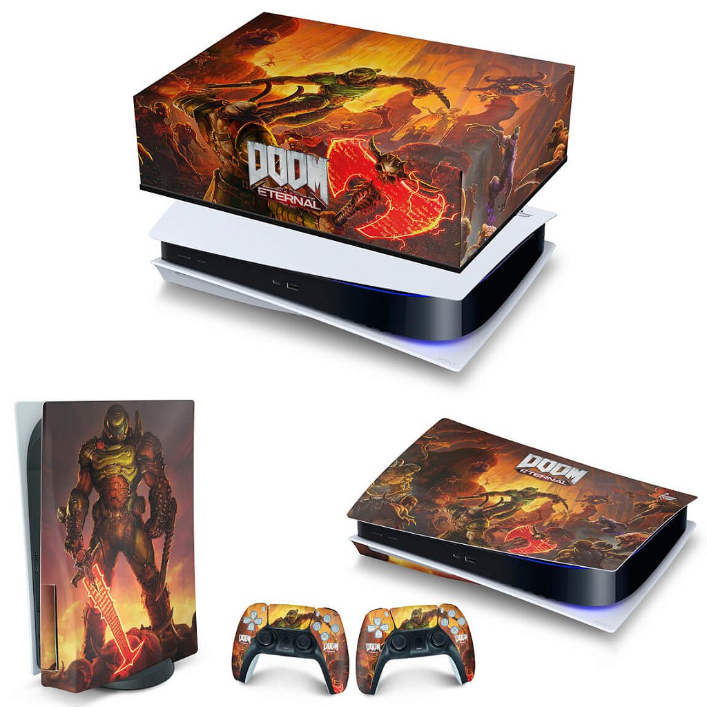 KIT Capa Anti Poeira e Skin Anti-Rage PS5 Fat Horizontal - Doom Eternal - Pop Arte Skins