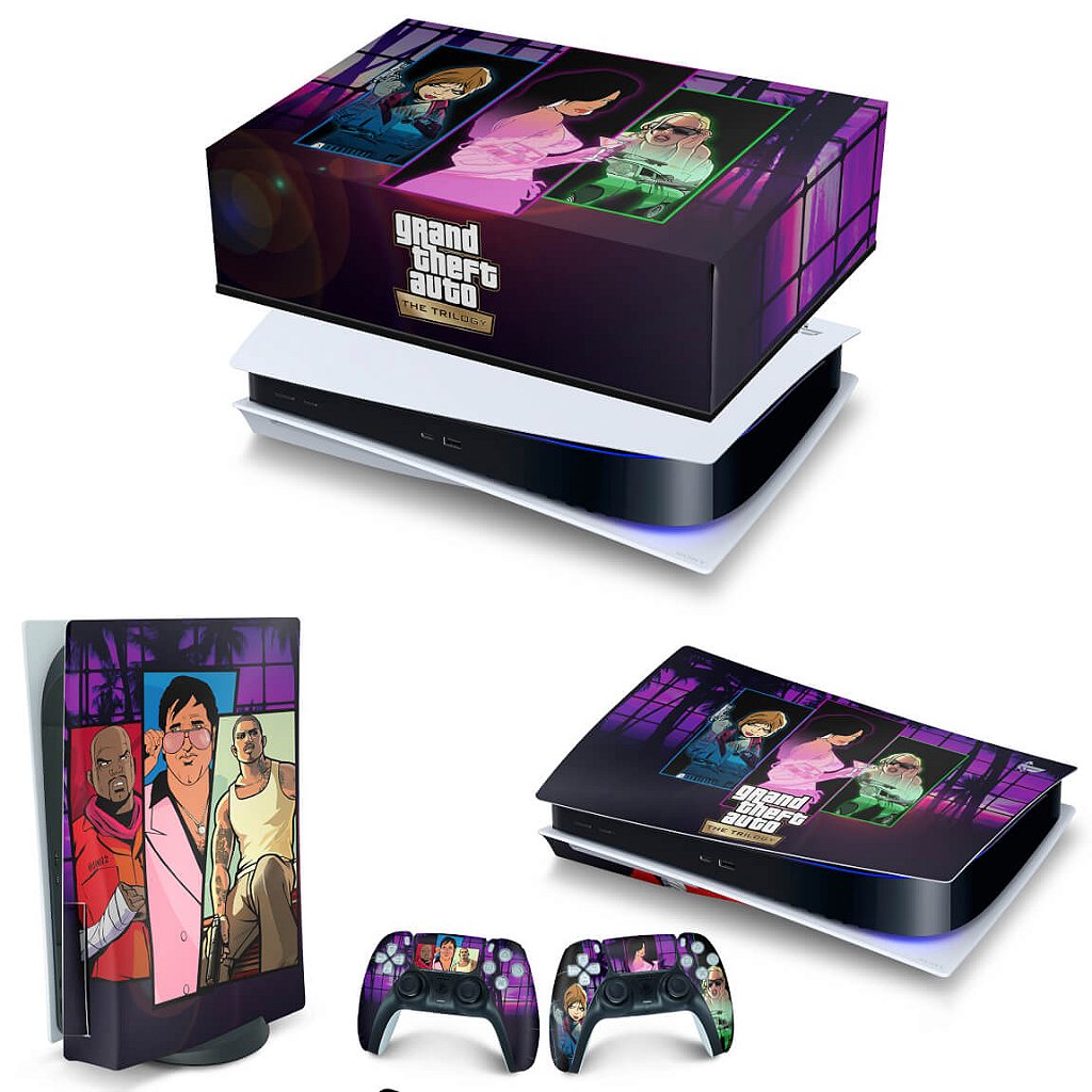 KIT Capa Anti Poeira e Skin Anti-Rage PS5 Fat Horizontal - GTA The Trilogy - Pop Arte Skins