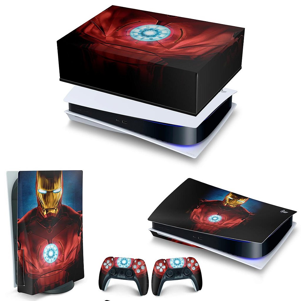 KIT Capa Anti Poeira e Skin Anti-Rage PS5 Fat Horizontal - Iron Man Homem De Ferro - Pop Arte Skins