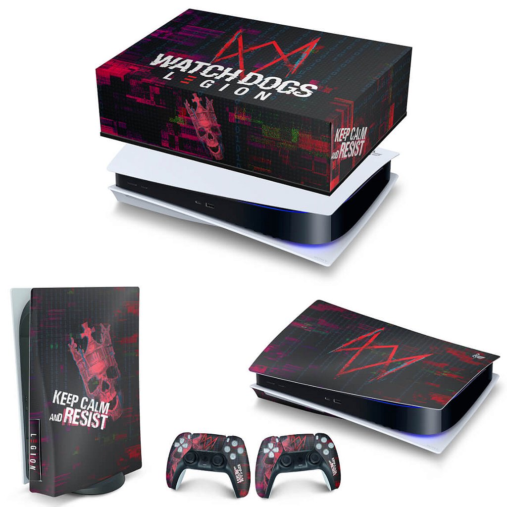 KIT Capa Anti Poeira e Skin Anti-Rage PS5 Fat Horizontal - Watch Dogs Legion - Pop Arte Skins