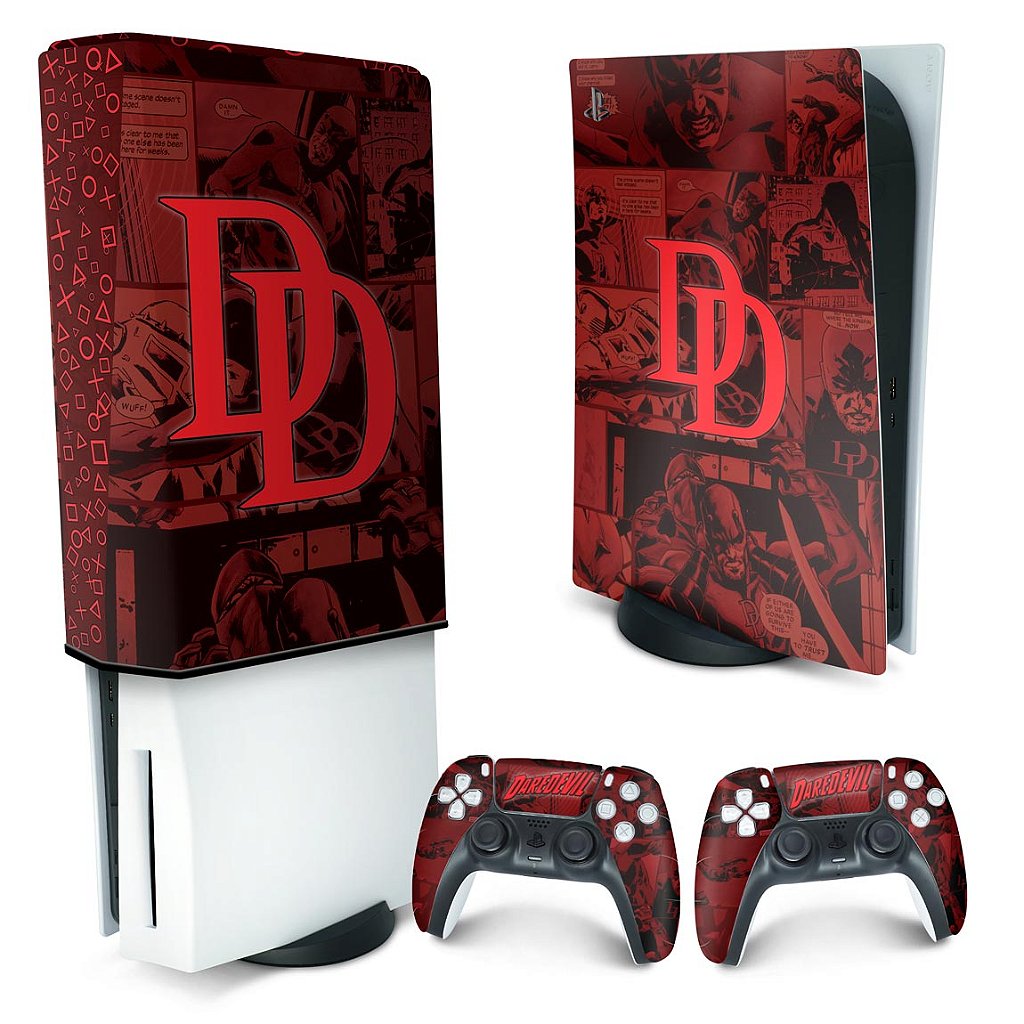KIT Capa Anti Poeira e Skin Anti-Rage PS5 Fat Vertical - Daredevil Demolidor Comics - Pop Arte Skins