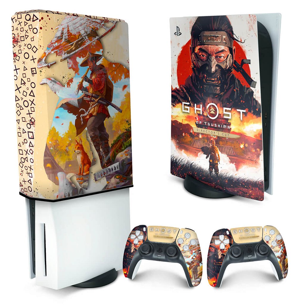 KIT Capa Anti Poeira e Skin Anti-Rage PS5 Fat Vertical - Ghost Of Tsushima Director's Cut - Pop Arte Skins