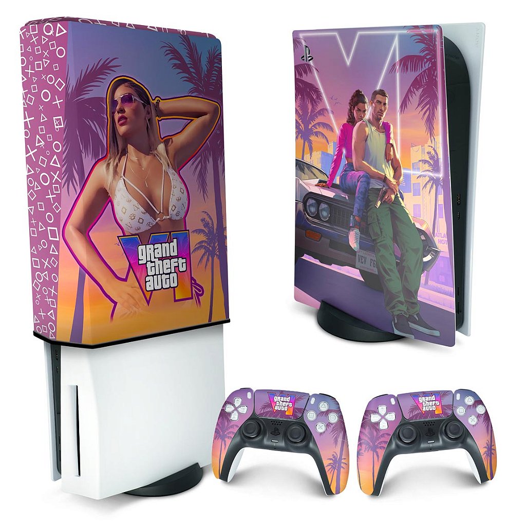 KIT Capa Anti Poeira e Skin Anti-Rage PS5 Fat Vertical - GTA 6 VI - Pop Arte Skins