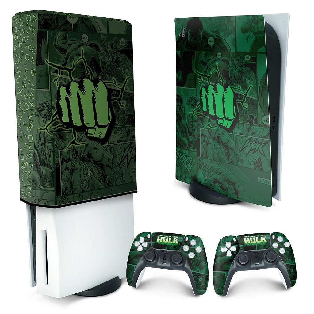 KIT Capa Anti Poeira e Skin Anti-Rage PS5 Fat Vertical - Hulk Comics - Pop Arte Skins