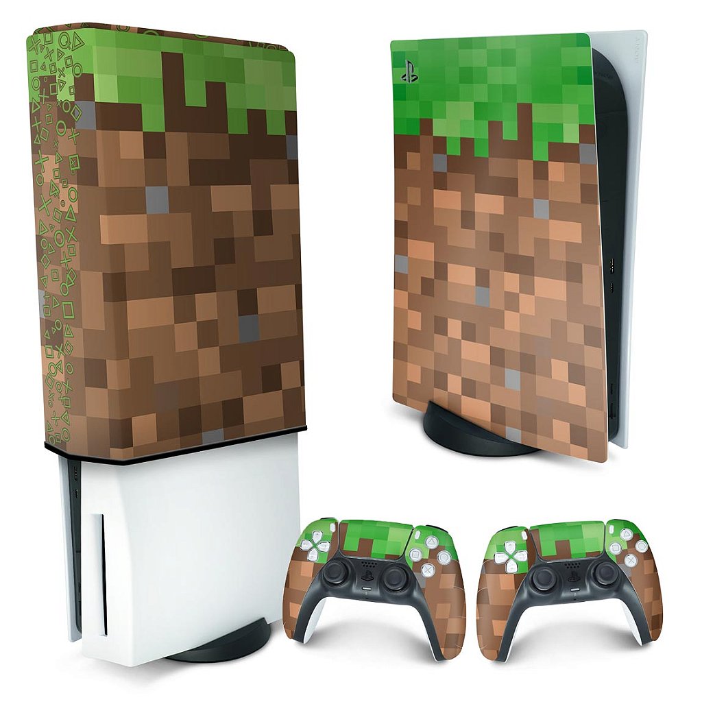 KIT Capa Anti Poeira e Skin Anti-Rage PS5 Fat Vertical - Minecraft - Pop Arte Skins