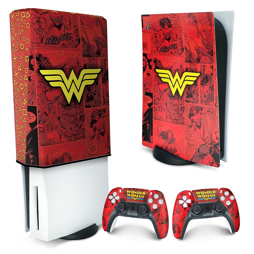 KIT Capa Anti Poeira e Skin Anti-Rage PS5 Fat Vertical - Mulher Maravilha Comics - Pop Arte Skins