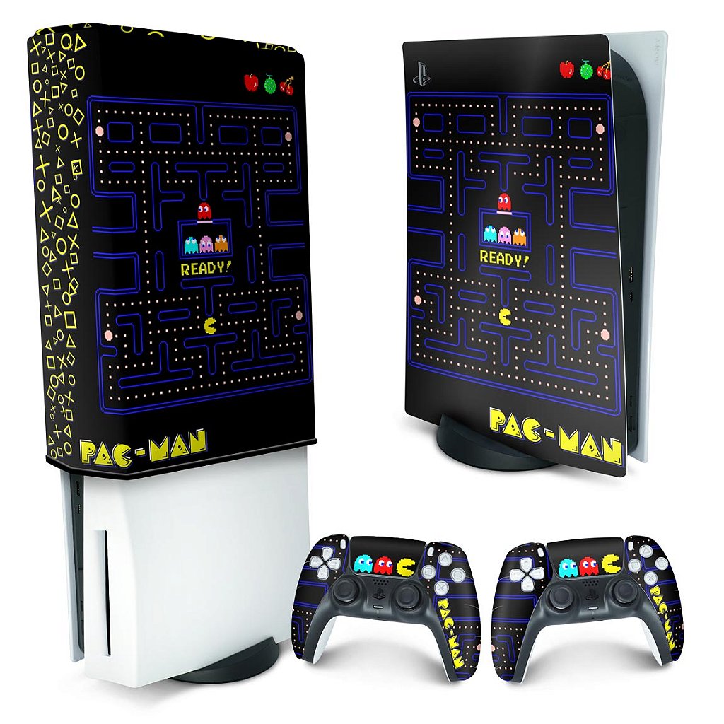 KIT Capa Anti Poeira e Skin Anti-Rage PS5 Fat Vertical - Pac Man - Pop Arte Skins