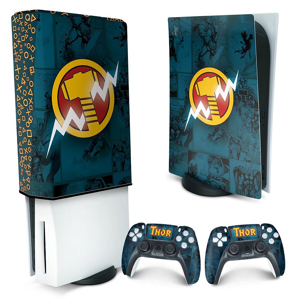 KIT Capa Anti Poeira e Skin Anti-Rage PS5 Fat Vertical - Thor Comics - Pop Arte Skins