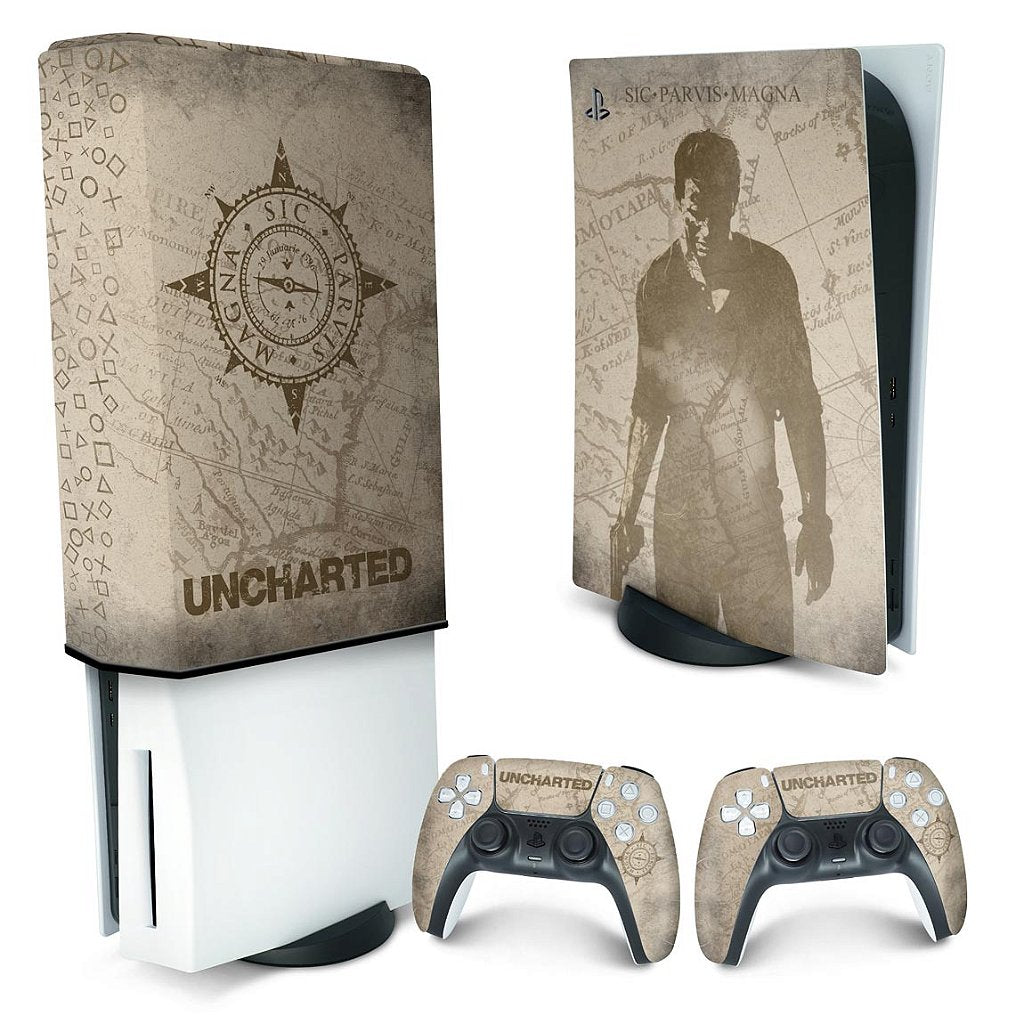 KIT Capa Anti Poeira e Skin Anti-Rage PS5 Fat Vertical - Uncharted - Pop Arte Skins