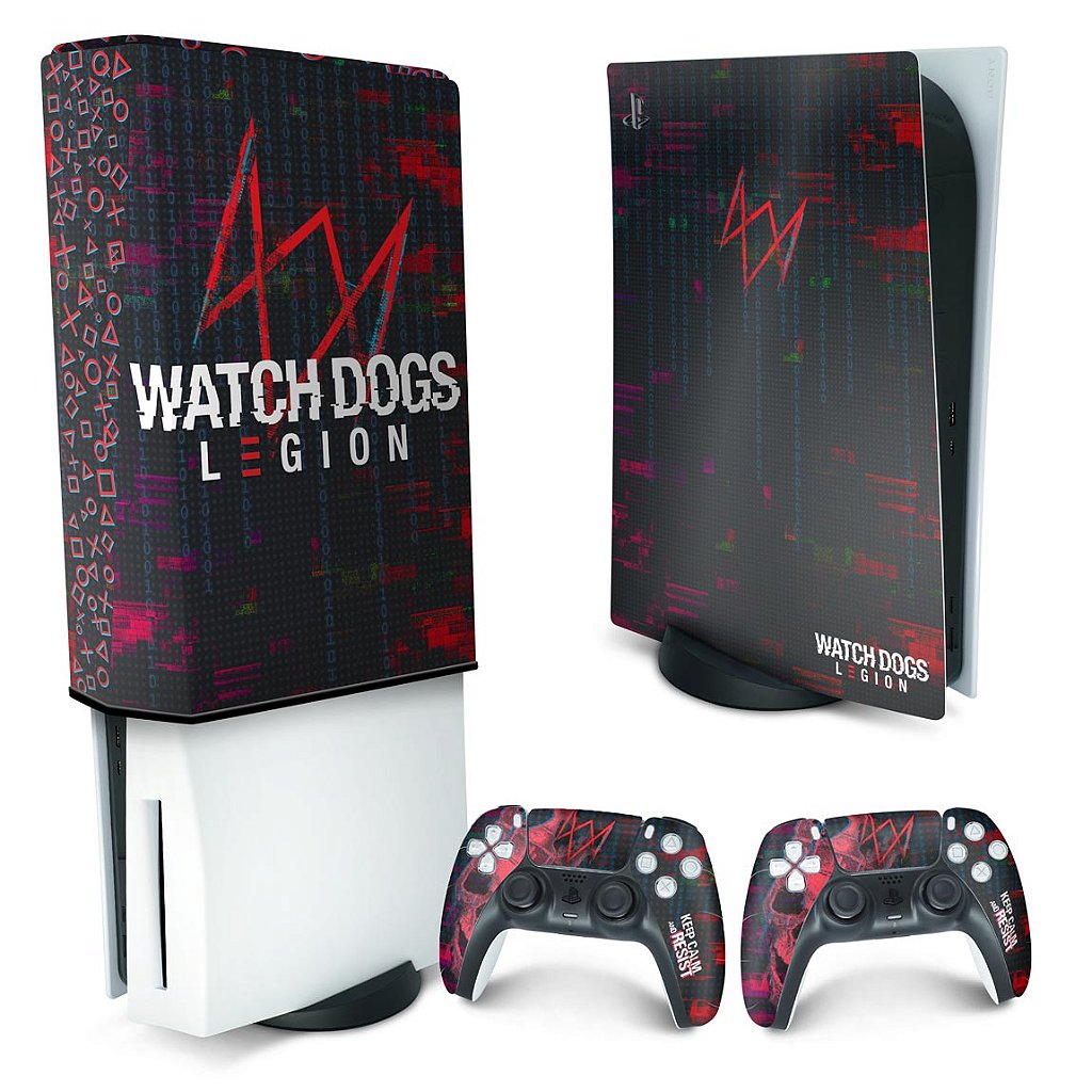 KIT Capa Anti Poeira e Skin Anti-Rage PS5 Fat Vertical - Watch Dogs Legion - Pop Arte Skins