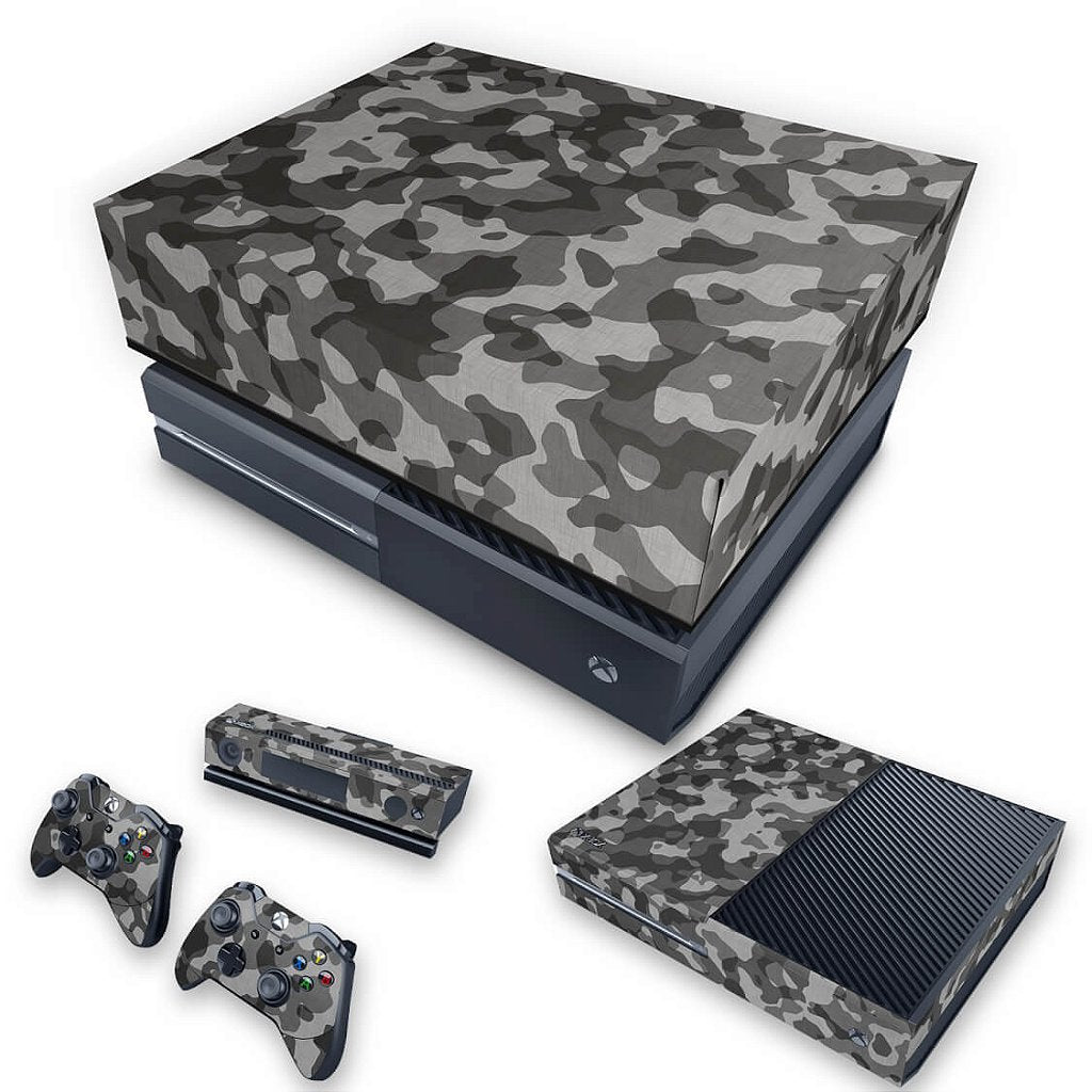 KIT Capa Anti Poeira e Skin Anti-Rage Xbox One Fat - Camuflagem Cinza