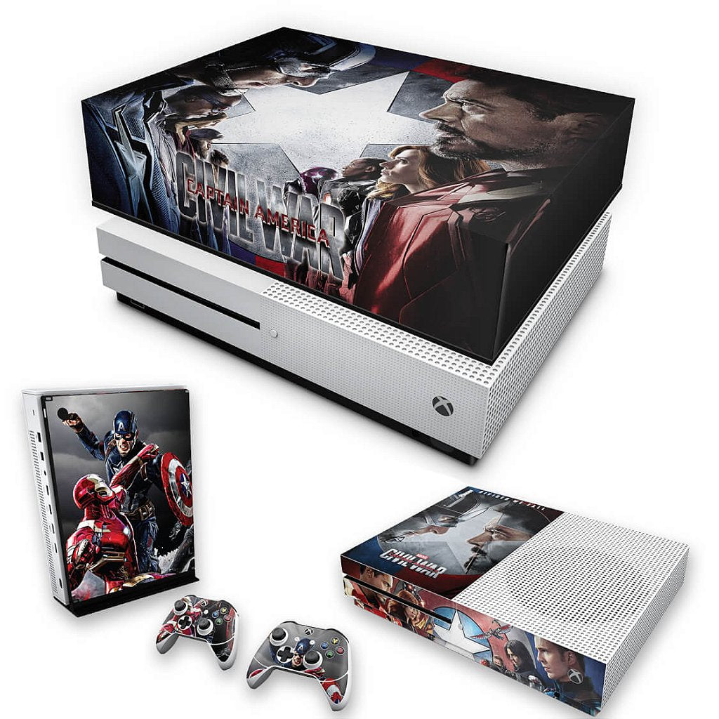 KIT Capa Anti Poeira e Skin Anti-Rage Xbox One S Slim - Capitão America - Guerra Civil