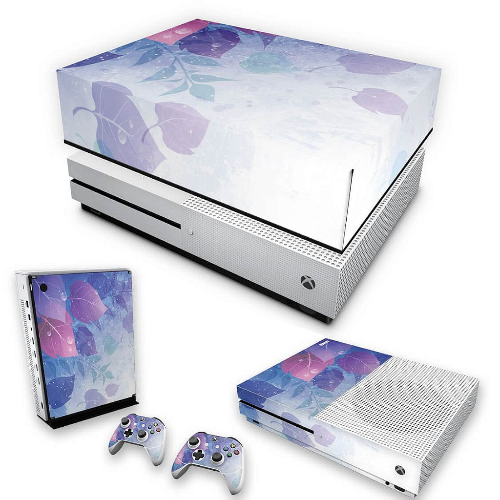 KIT Capa Anti Poeira e Skin Anti-Rage Xbox One S Slim - Folhas Lilás