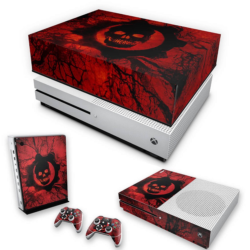 KIT Capa Anti Poeira e Skin Anti-Rage Xbox One S Slim - Gears of War - Skull