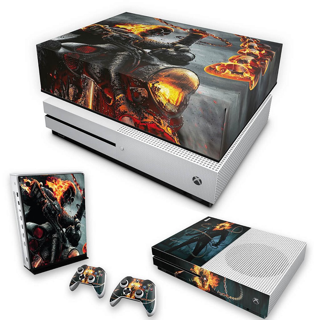KIT Capa Anti Poeira e Skin Anti-Rage Xbox One S Slim - Ghost Rider - Motoqueiro Fantasma #B