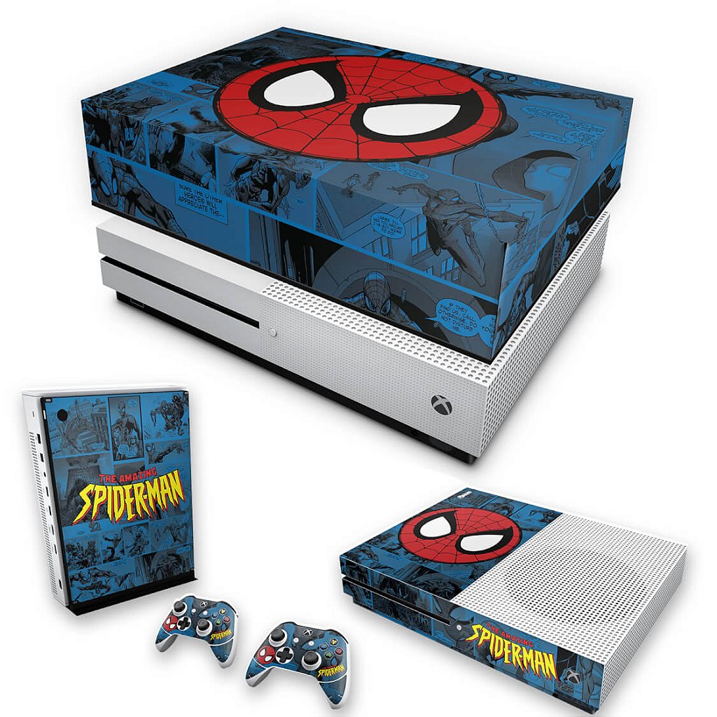KIT Capa Anti Poeira e Skin Anti-Rage Xbox One S Slim - Homem-Aranha Spider-Man Comics
