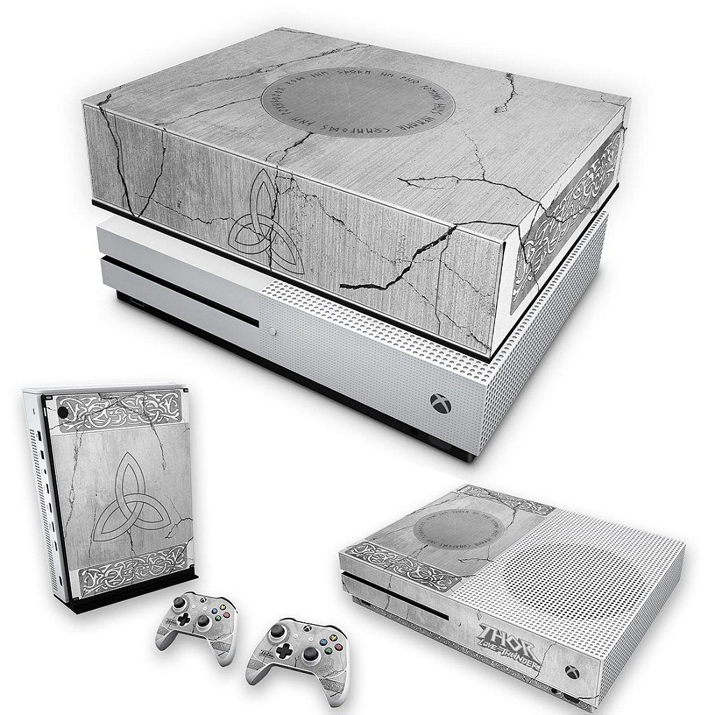 KIT Capa Anti Poeira e Skin Anti-Rage Xbox One S Slim - Mjolnir Thor Amor e Trovão
