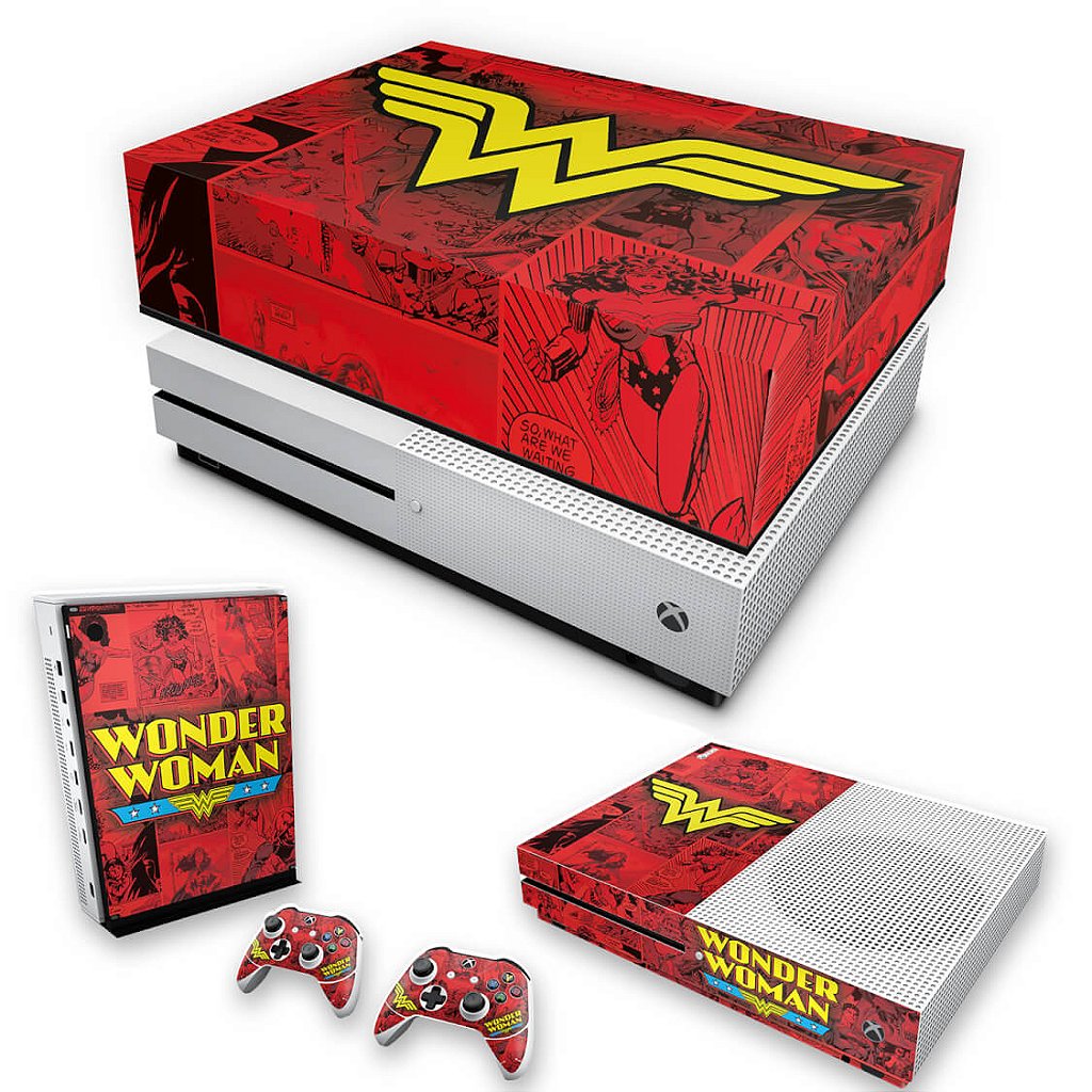 KIT Capa Anti Poeira e Skin Anti-Rage Xbox One S Slim - Mulher Maravilha Comics