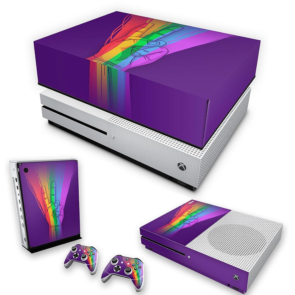 KIT Capa Anti Poeira e Skin Anti-Rage Xbox One S Slim - Rainbow Colors Colorido