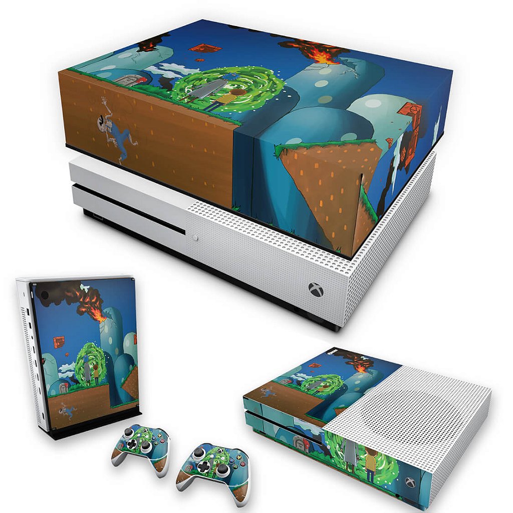 KIT Capa Anti Poeira e Skin Anti-Rage Xbox One S Slim - Rick And Morty Mario