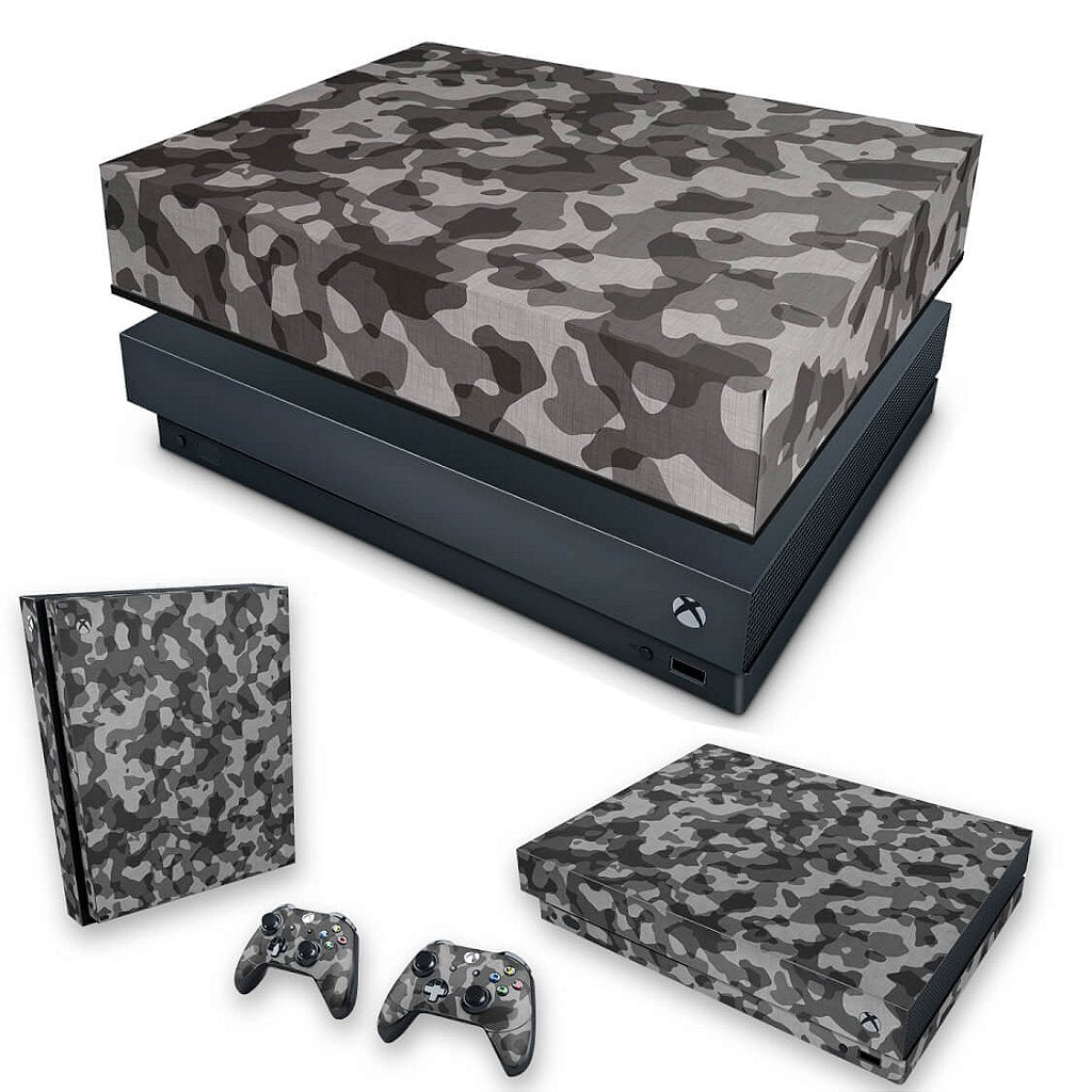 KIT Capa Anti Poeira e Skin Anti-Rage Xbox One X - Camuflagem Cinza