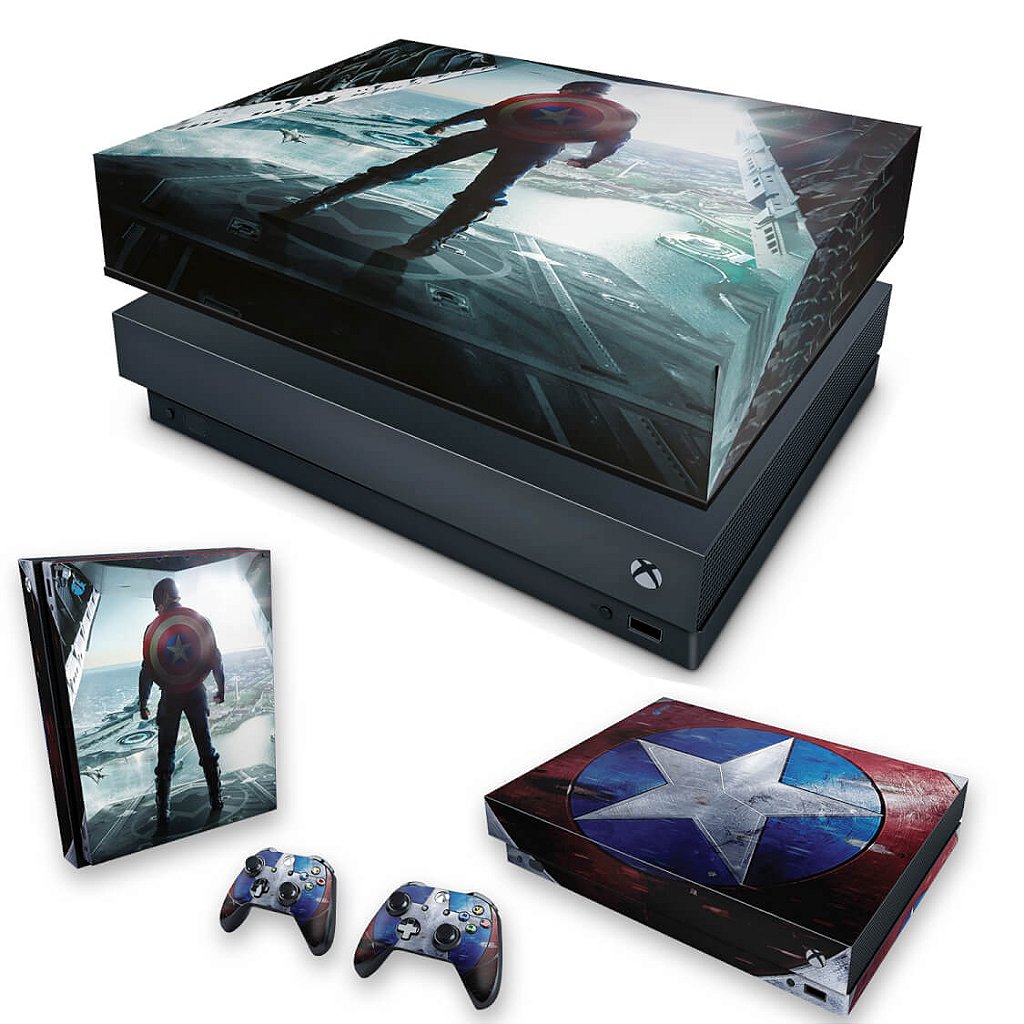 KIT Capa Anti Poeira e Skin Anti-Rage Xbox One X - Capitão America