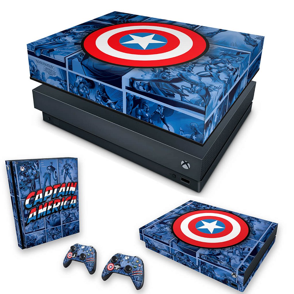 KIT Capa Anti Poeira e Skin Anti-Rage Xbox One X - Capitão América Comics