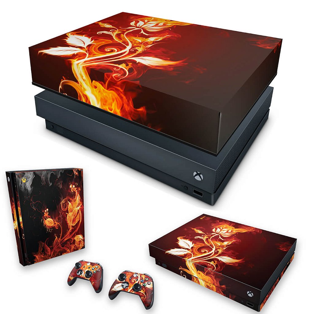KIT Capa Anti Poeira e Skin Anti-Rage Xbox One X - Fire Flower