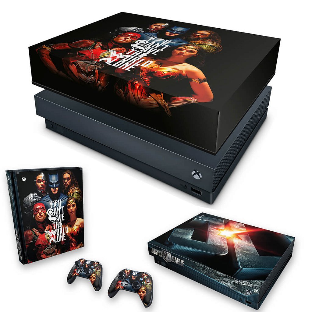 KIT Capa Anti Poeira e Skin Anti-Rage Xbox One X - Liga da Justiça