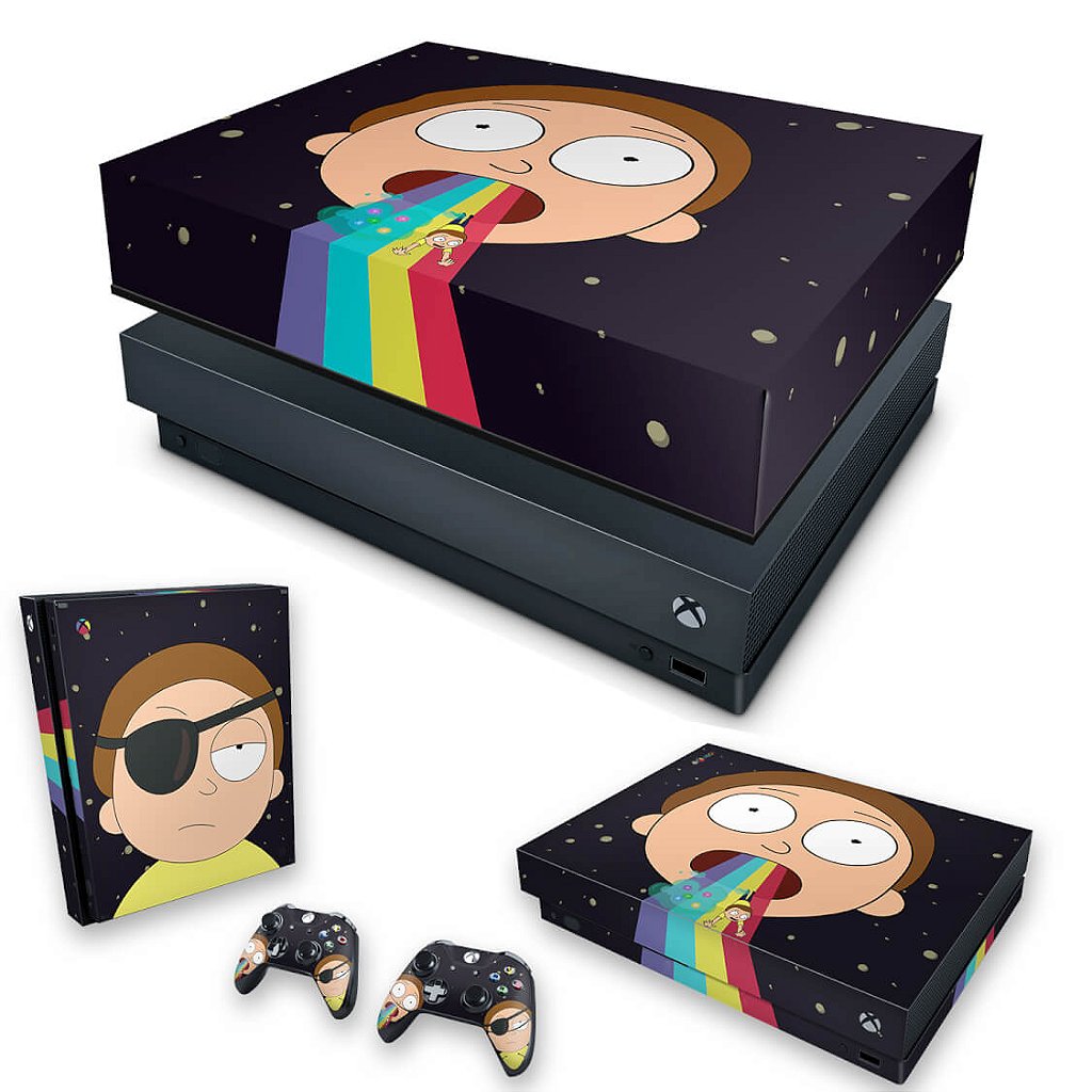 KIT Capa Anti Poeira e Skin Anti-Rage Xbox One X - Morty Rick and Morty