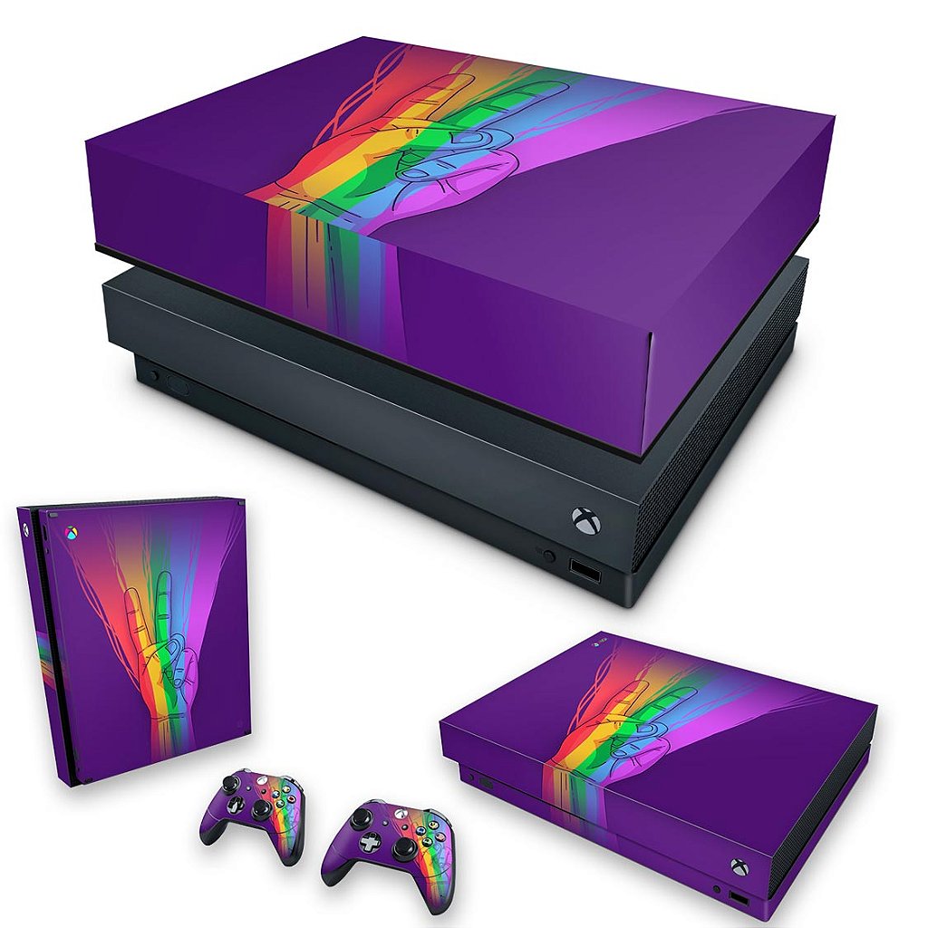 KIT Capa Anti Poeira e Skin Anti-Rage Xbox One X - Rainbow Colors Colorido
