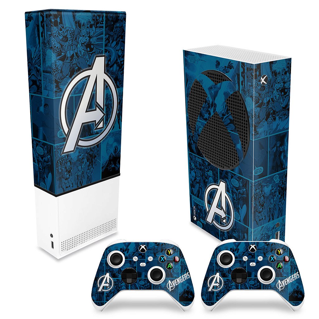 KIT Capa Anti Poeira e Skin Anti-Rage Xbox Series S Vertical - Avengers Vingadores Comics