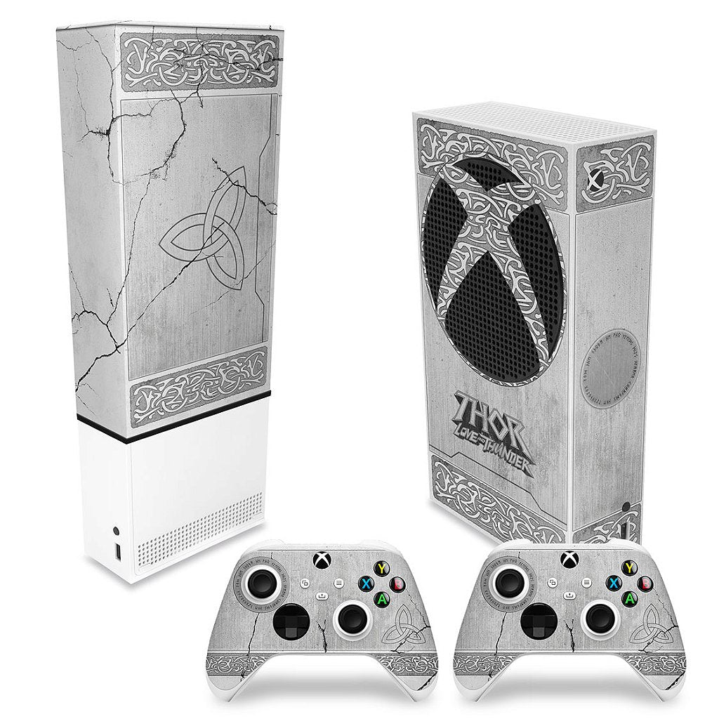KIT Capa Anti Poeira e Skin Anti-Rage Xbox Series S Vertical - Mjolnir Thor Amor e Trovão