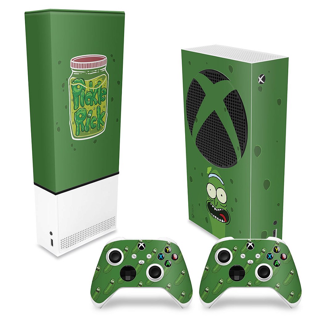KIT Capa Anti Poeira e Skin Anti-Rage Xbox Series S Vertical - Pickle Rick And Morty