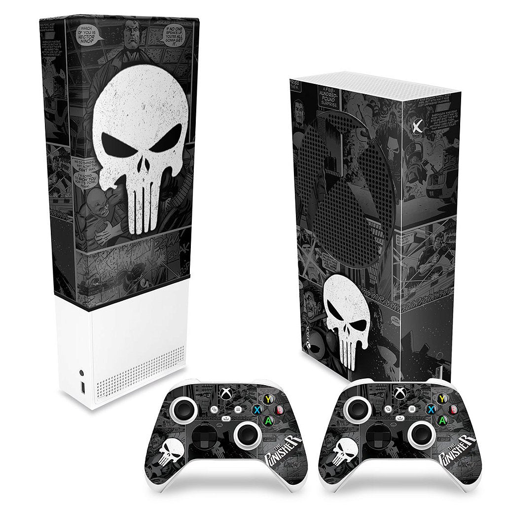 KIT Capa Anti Poeira e Skin Anti-Rage Xbox Series S Vertical - The Punisher Justiceiro Comics
