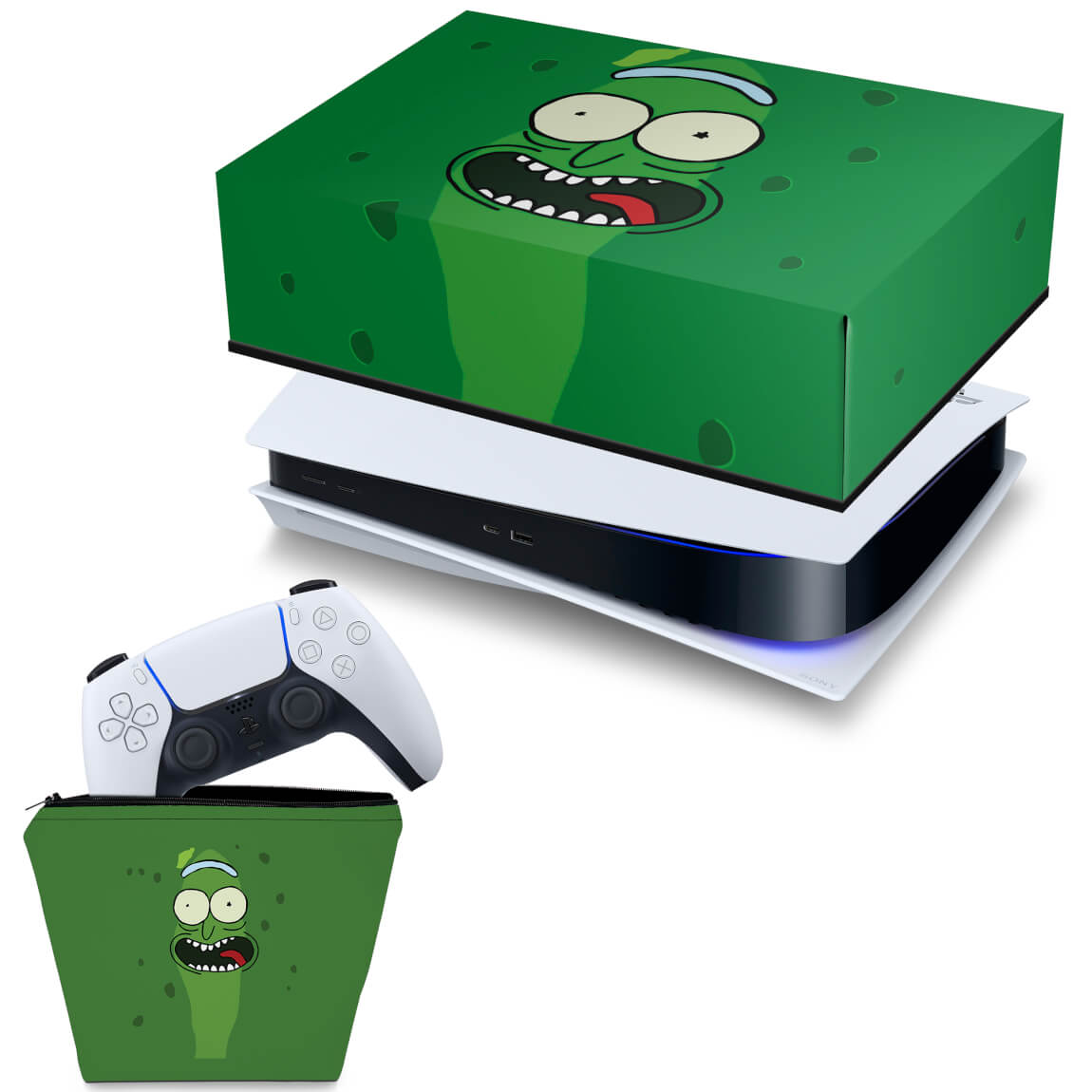 KIT Capa Anti Poeira e Case Controle PS5 Fat Horizontal - Pickle Rick And Morty
