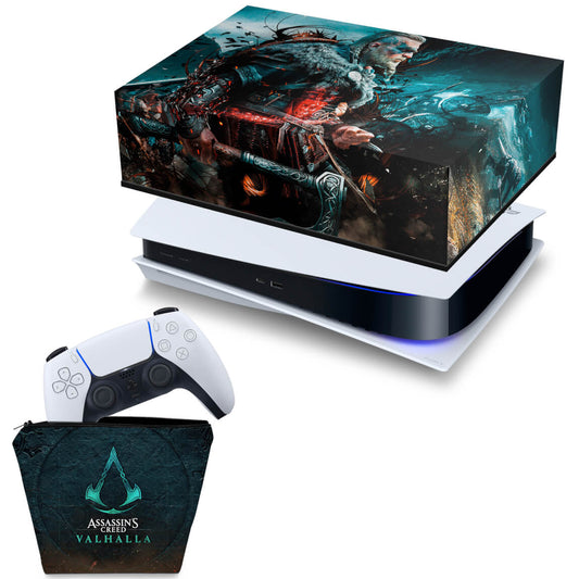 KIT Capa Anti Poeira e Case Controle PS5 Fat Horizontal - Assassin's Creed Valhalla - Pop Arte Skins