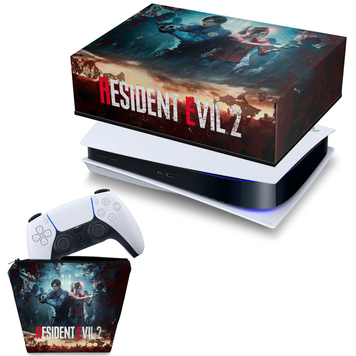 KIT Capa Anti Poeira e Case Controle PS5 Fat Horizontal - Resident Evil 2 Remake