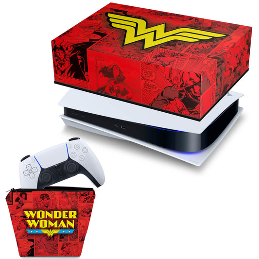 KIT Capa Anti Poeira e Case Controle PS5 Fat Horizontal - Mulher Maravilha Comics