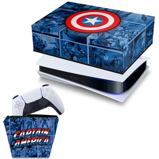 KIT Capa Anti Poeira e Case Controle PS5 Fat Horizontal - Capitão América Comics
