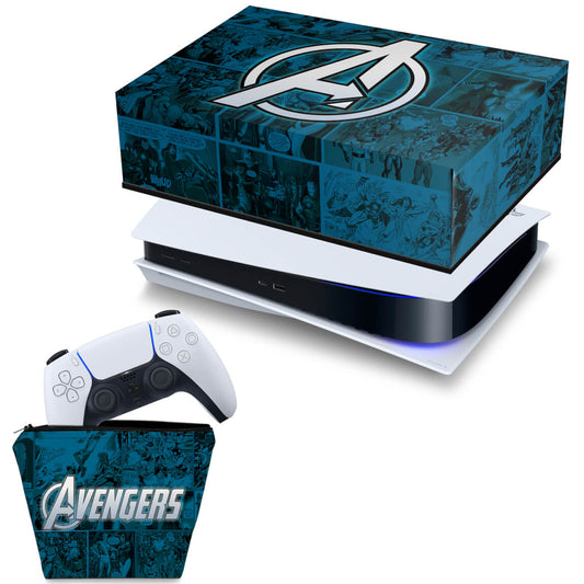 KIT Capa Anti Poeira e Case Controle PS5 Fat Horizontal - Avengers Vingadores Comics