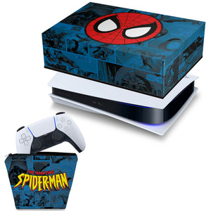 KIT Capa Anti Poeira e Case Controle PS5 Fat Horizontal - Homem-Aranha Spider-Man Comics - Pop Arte Skins