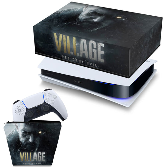 KIT Capa Anti Poeira e Case Controle PS5 Fat Horizontal - Resident Evil Village
