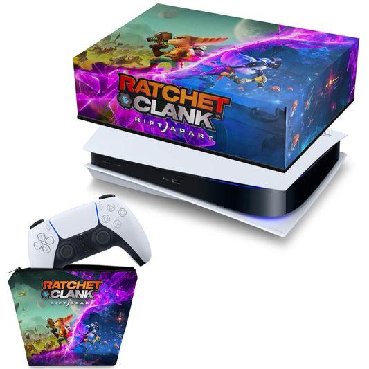 KIT Capa Anti Poeira e Case Controle PS5 Fat Horizontal - Ratchet & Clank Rift Apart