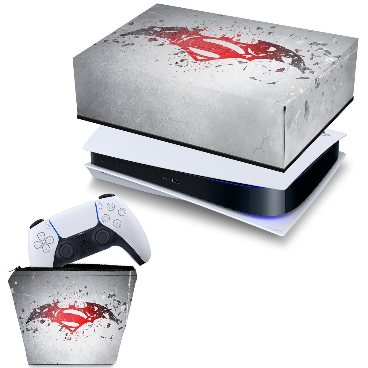 KIT Capa Anti Poeira e Case Controle PS5 Fat Horizontal - Batman Vs Superman Logo