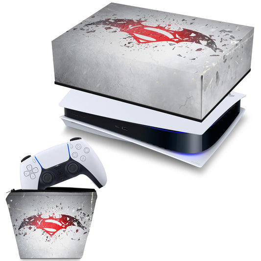 KIT Capa Anti Poeira e Case Controle PS5 Fat Horizontal - Batman Vs Superman Logo