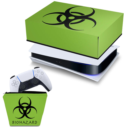 KIT Capa Anti Poeira e Case Controle PS5 Fat Horizontal - Biohazard Radioativo